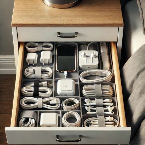 Electronics: Keep the Cords in Check How to Organize Nightstand Drawers